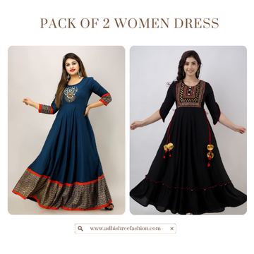 Pack of 2 Women Blue and Black Rayon Anarkali Dress