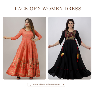 Pack of 2 Women Black and Orange Rayon Anarkali Dress