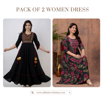 Pack of 2 Women Black and Green Rayon Anarkali Dress