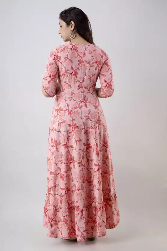Pack of 2 Women Pink and Green Rayon Anarkali Dress