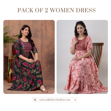 Pack of 2 Women Pink and Green Rayon Anarkali Dress