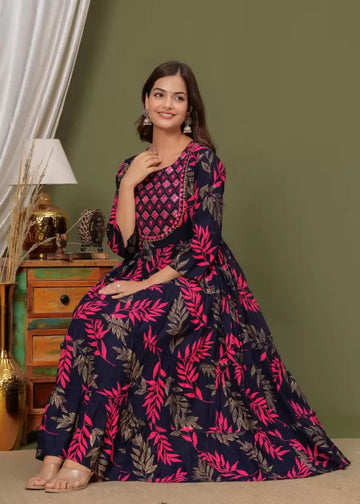 Embroidered Rayon Blend Anarkali Kurta (Blue)