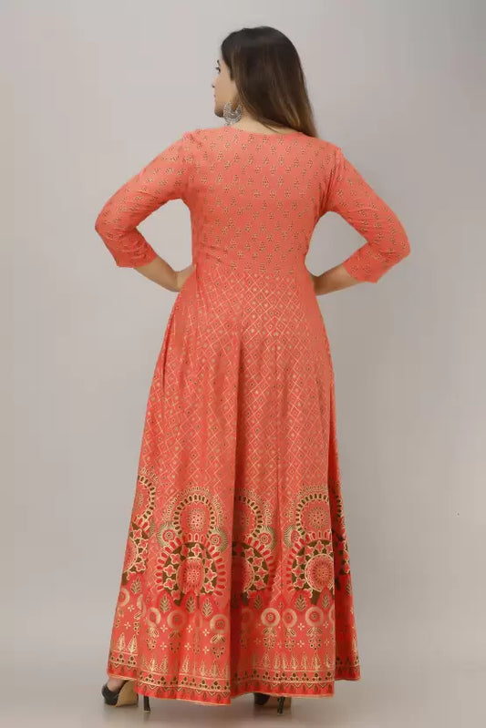 Gold Print Fit & Flare Ethnic Dress