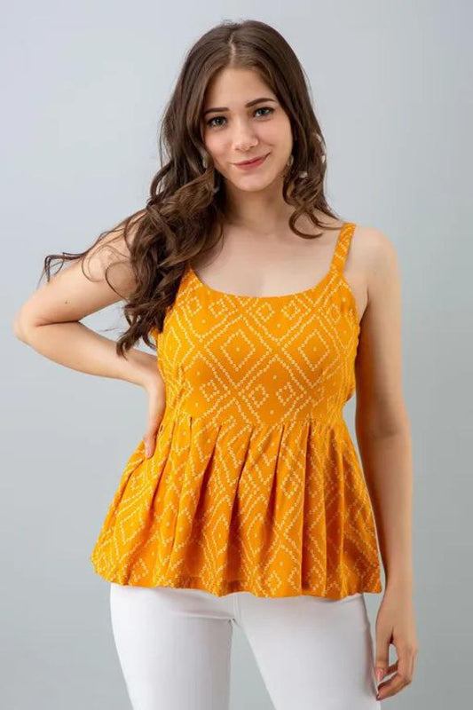 Casual Sleeveless Printed Women Yellow Top