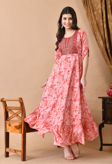 Printed Viscose Rayon Stitched Anarkali Gown (Pink)