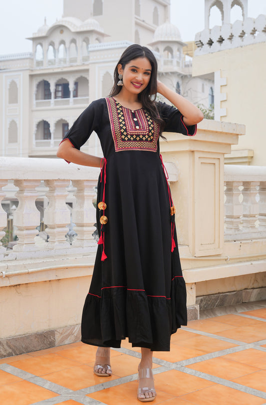 Black Embroidered & Printed Dress