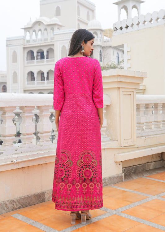 Gold Print Fit & Flare Ethnic Dress