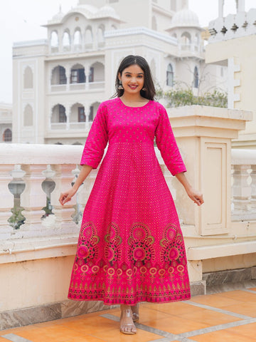 Gold Print Fit & Flare Ethnic Dress