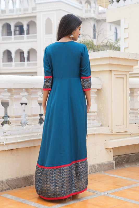 Embroidered Gold Printed Anarkali Gown (Blue)