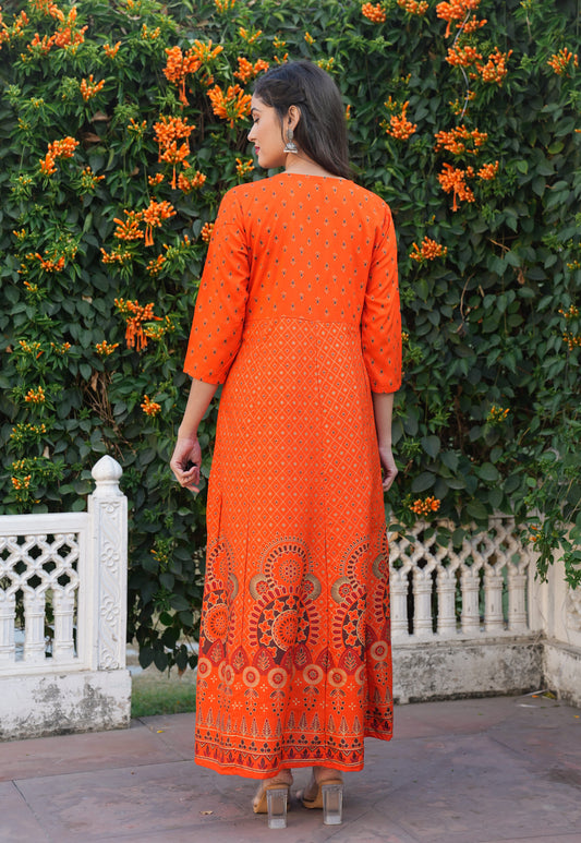Gold Print Fit & Flare Ethnic Dress