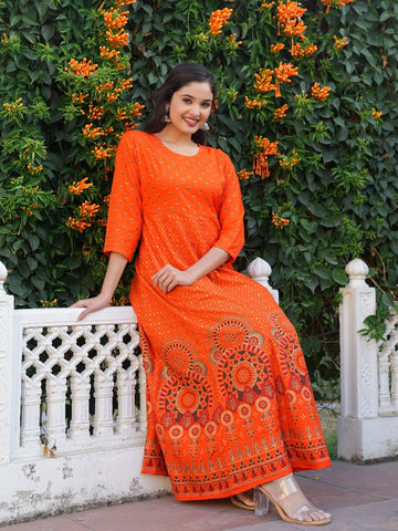 Gold Print Fit & Flare Ethnic Dress