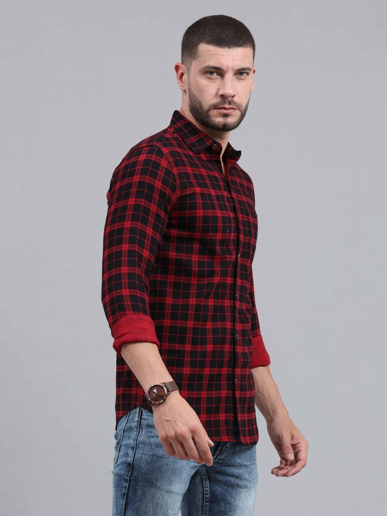 Men Regular Fit Checkered Cut Away Collar Casual Shirt - Adhi Shree Fashion