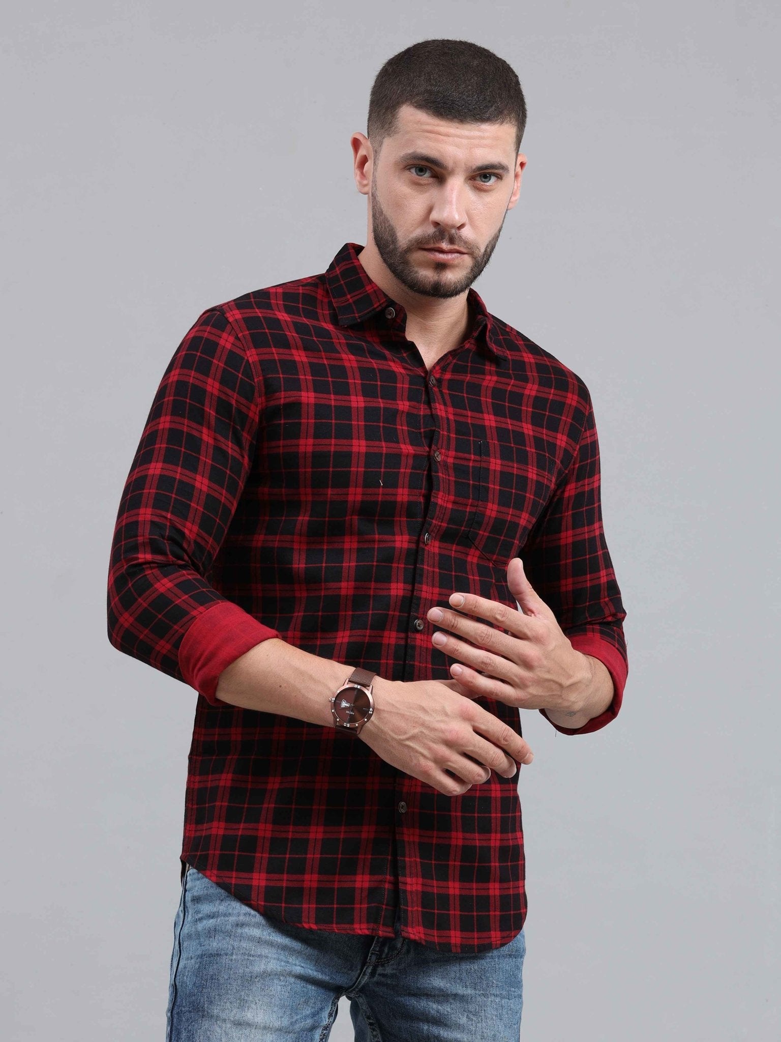 Men Regular Fit Checkered Cut Away Collar Casual Shirt - Adhi Shree Fashion