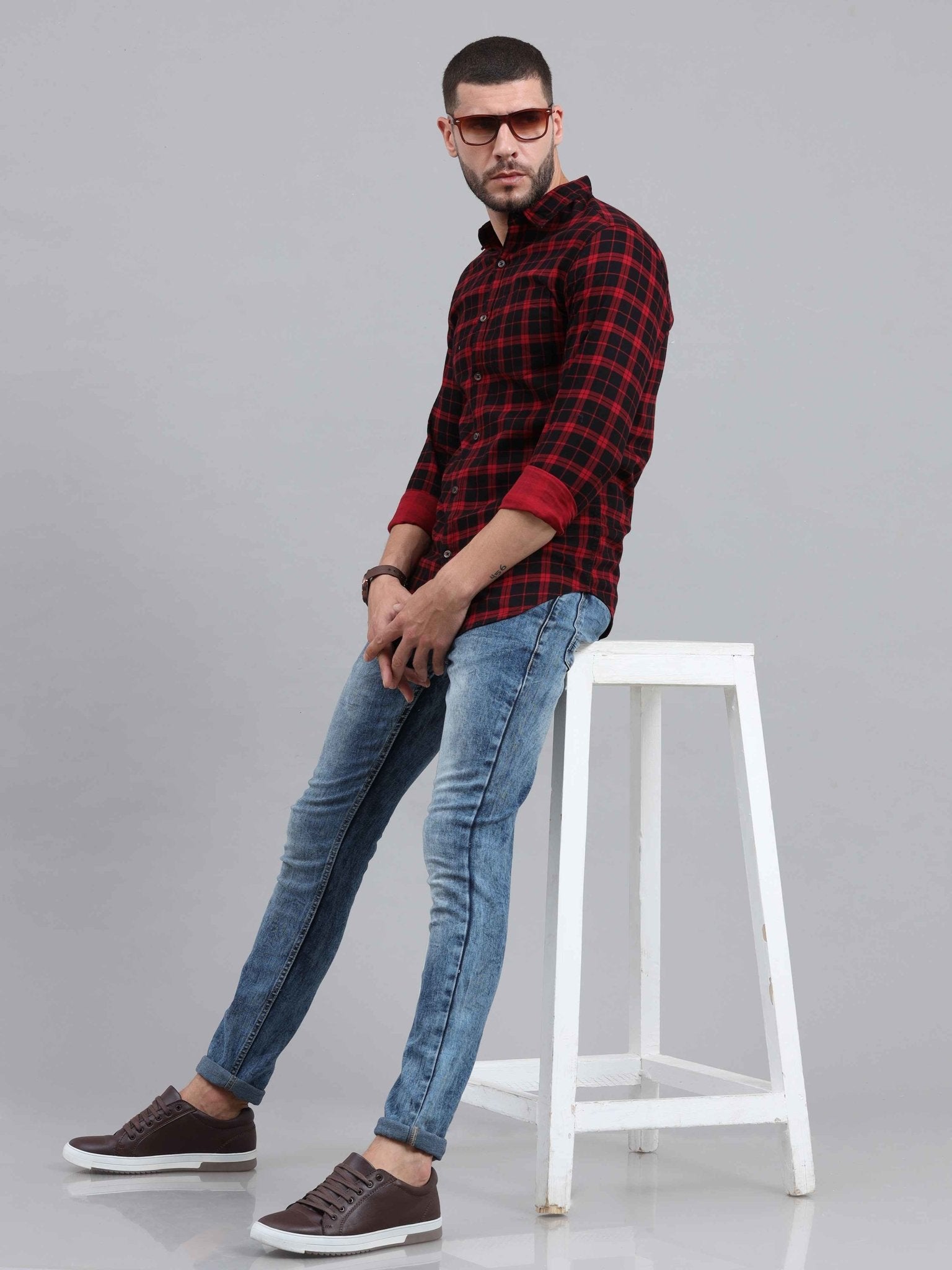 Men Regular Fit Checkered Cut Away Collar Casual Shirt - Adhi Shree Fashion