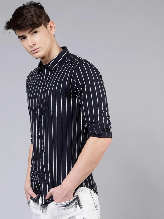 Men Slim Fit Striped Spread Collar Casual Shirt - Adhi Shree Fashion