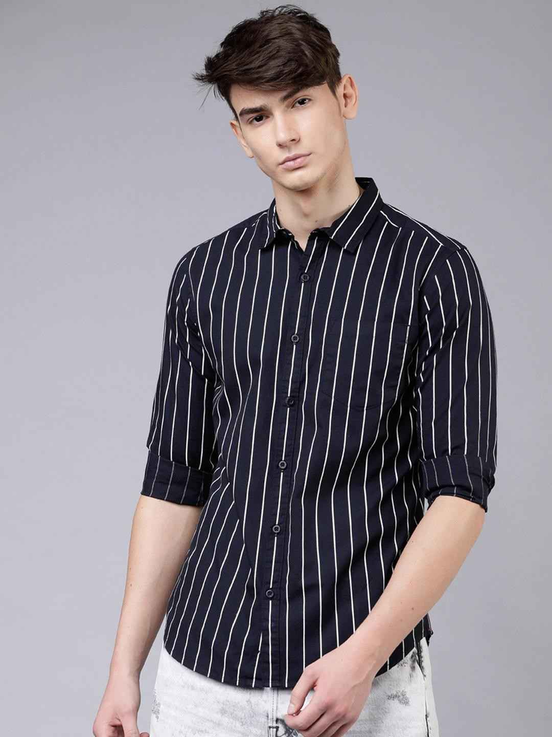 Men Slim Fit Striped Spread Collar Casual Shirt - Adhi Shree Fashion
