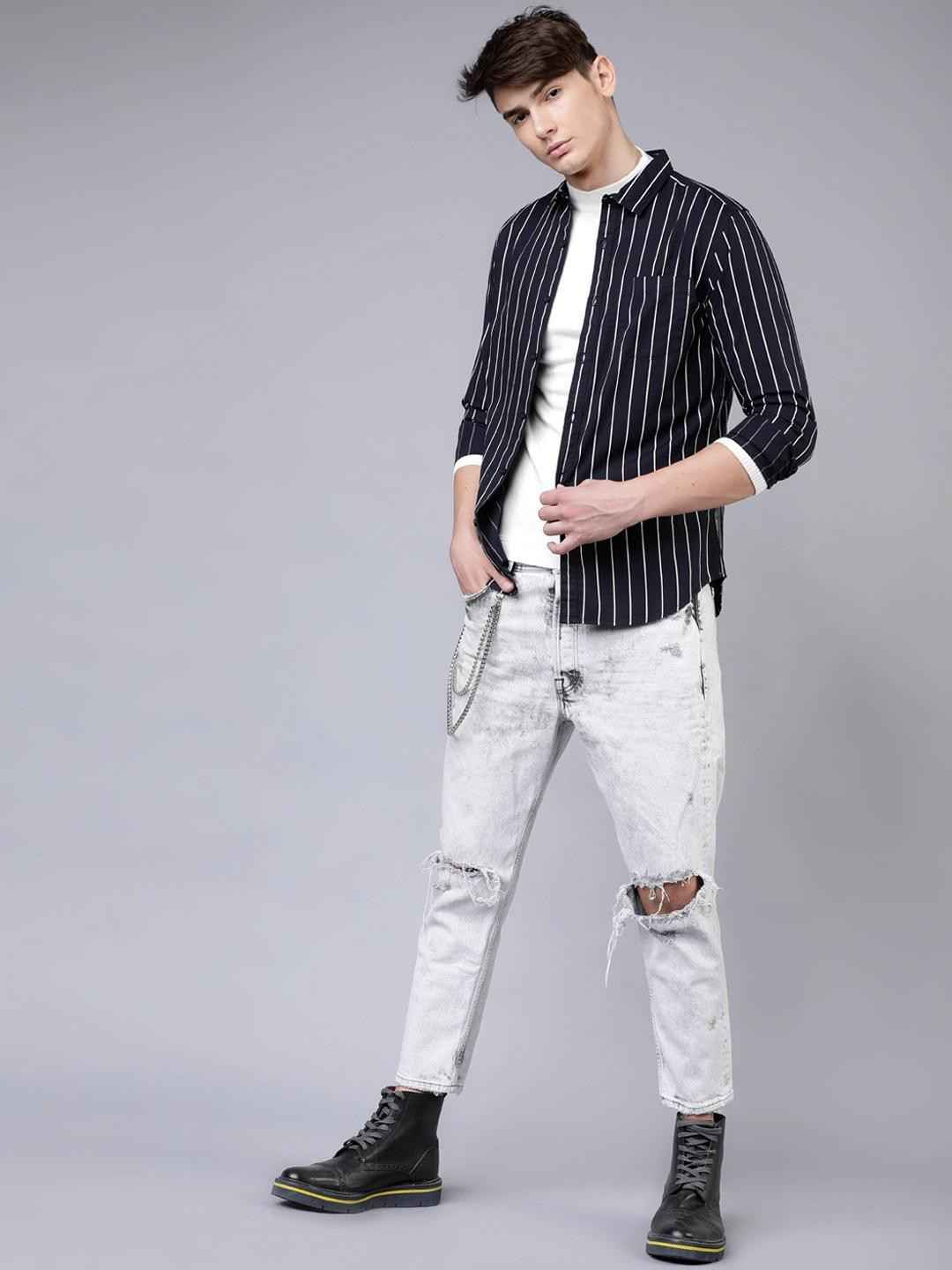 Men Slim Fit Striped Spread Collar Casual Shirt - Adhi Shree Fashion