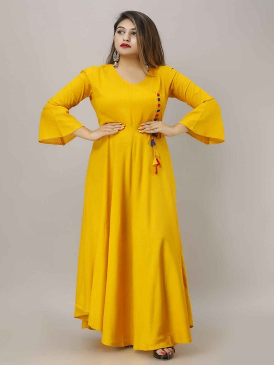 Solid Rayon Blend Stitched Anarkali Gown (Yellow) - Adhi Shree Fashion