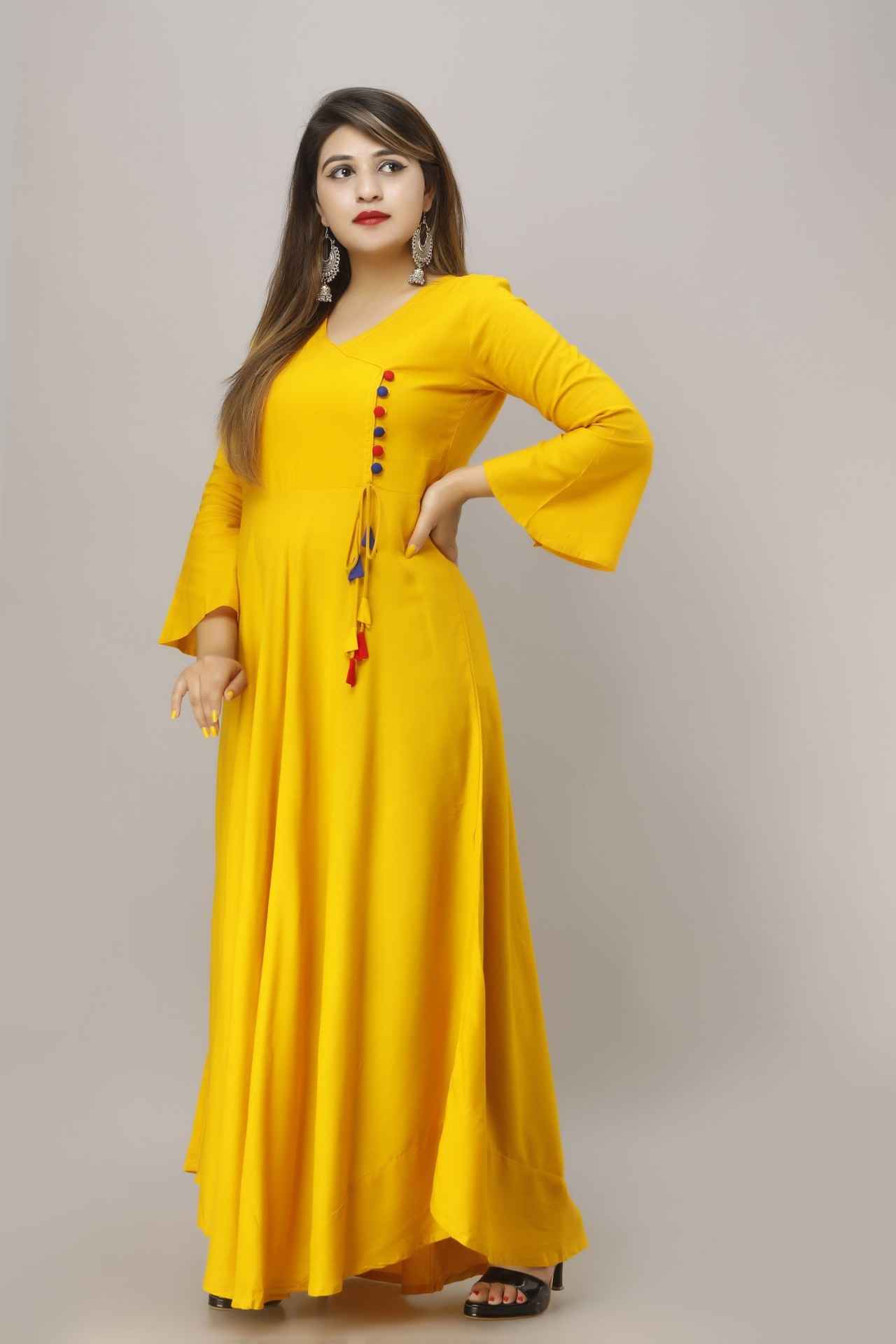 Solid Rayon Blend Stitched Anarkali Gown (Yellow) - Adhi Shree Fashion