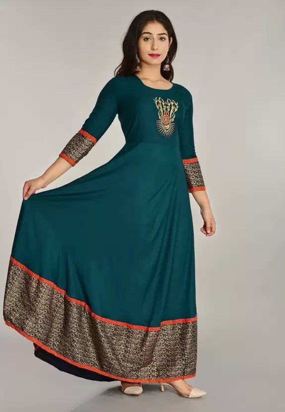 Rayon Blend Stitched Anarkali Gown (Dark Green) - Adhi Shree Fashion