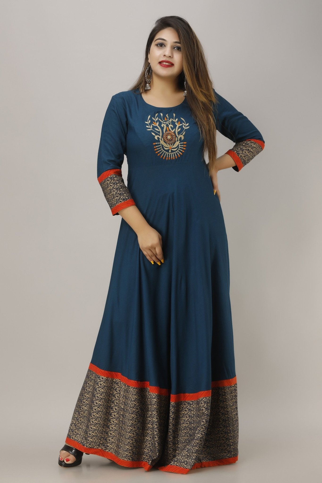 Gown For Women Embroidered Printed Anarkali Gown (Blue) - Adhi Shree Fashion