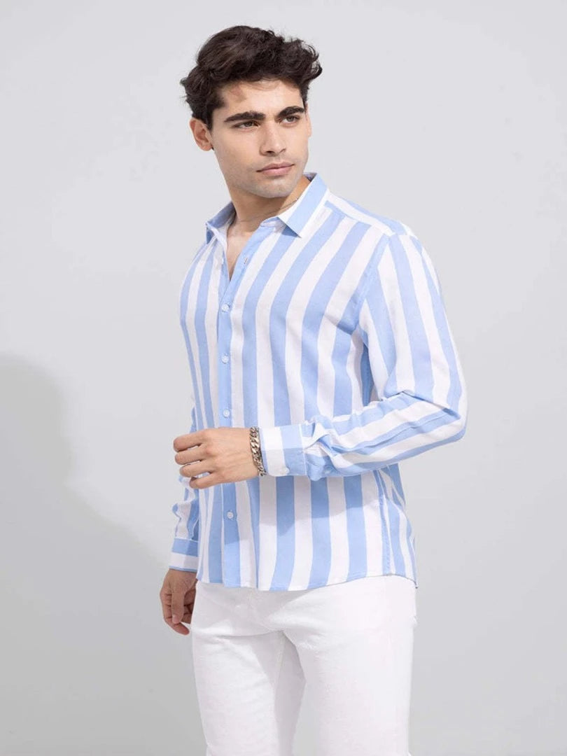 Buy Men's Blue White Striped Slim Fit Shirt - Main Image