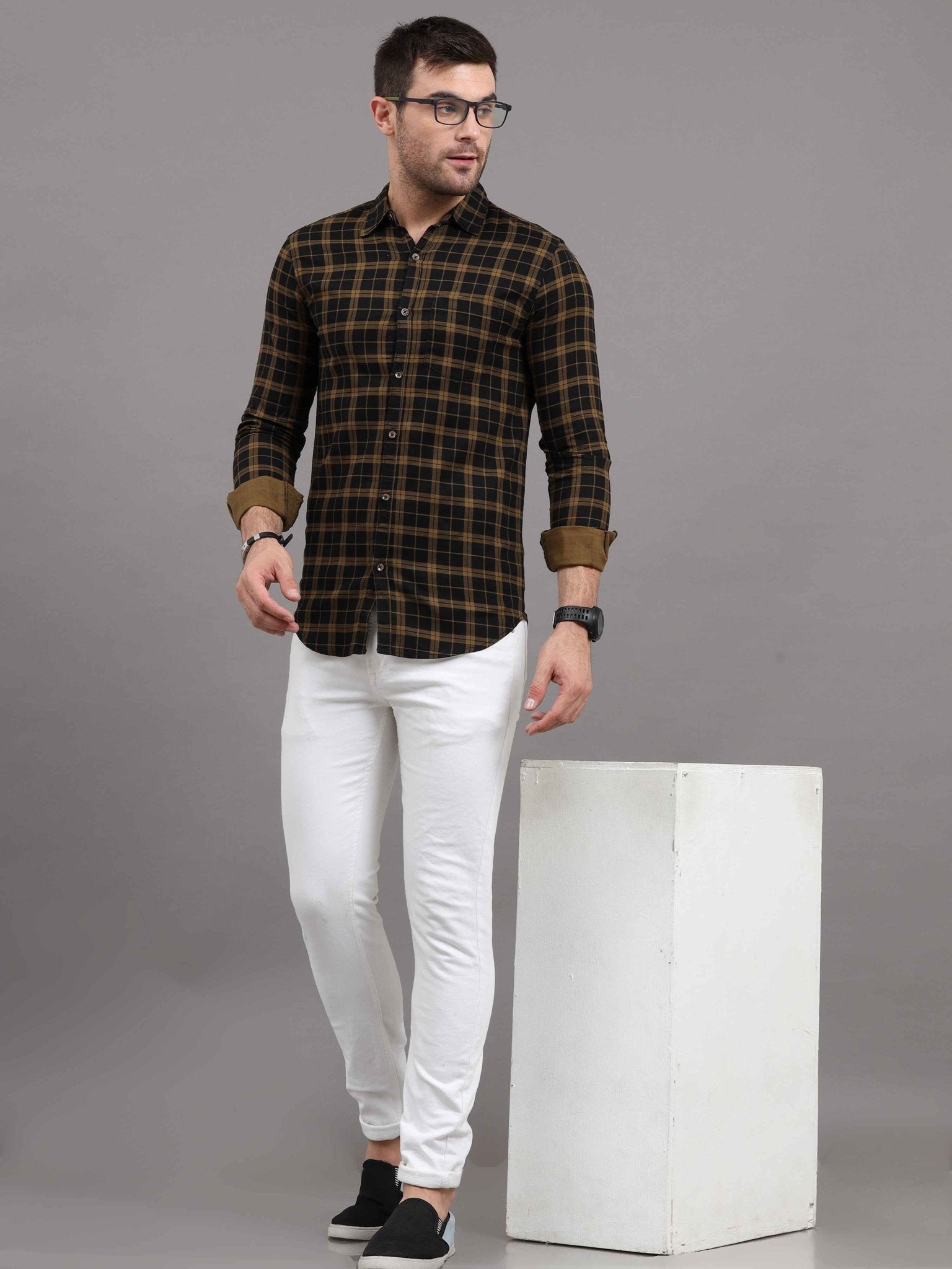 Men Regular Fit Checkered Cut Away Collar Casual Shirt - Adhi Shree Fashion