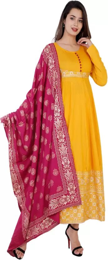 Rayon Blend Stitched Anarkali Gown (Yellow) - Adhi Shree Fashion