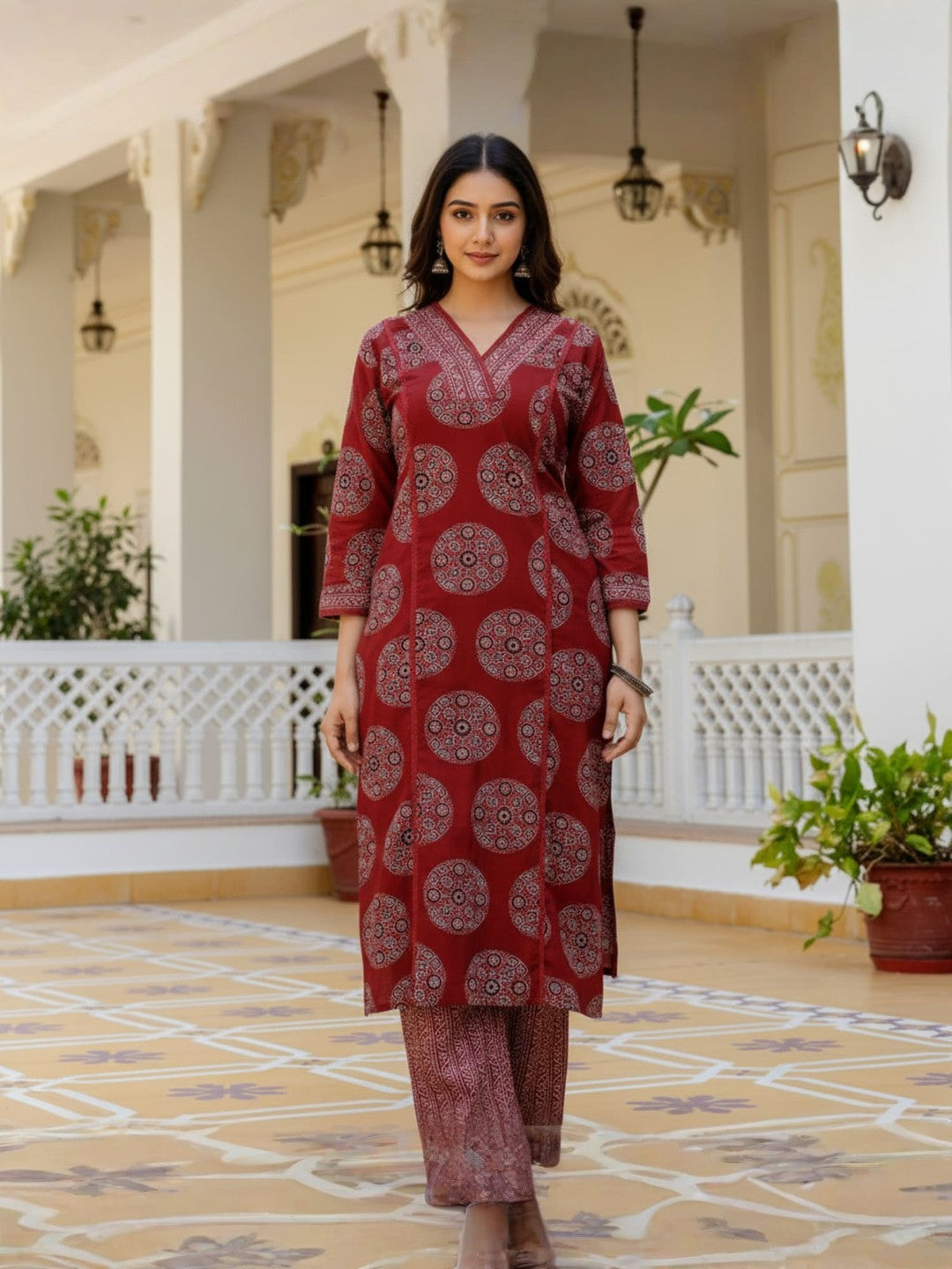 Maroon Printed Rayon Blend Straight Kurta With Pant