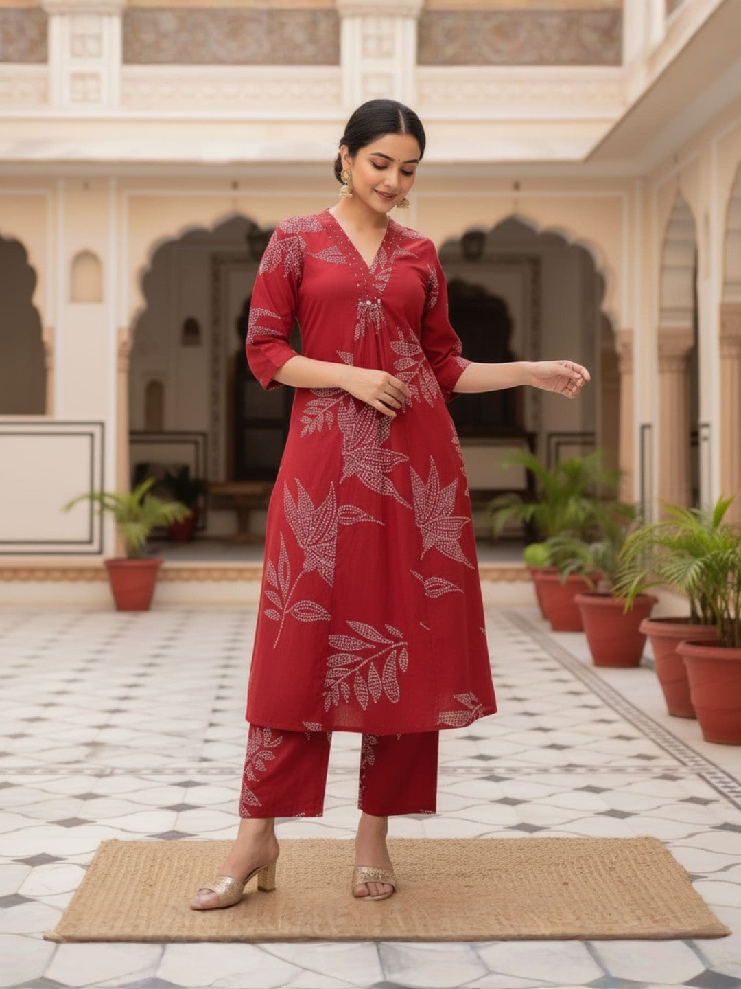 Women Red Kurta and Palazzo Set