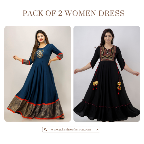 Pack of 2 Women Blue and Black Rayon Anarkali Dress