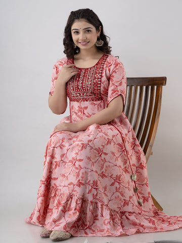 Printed Viscose Rayon Stitched Anarkali Gown  (Pink)