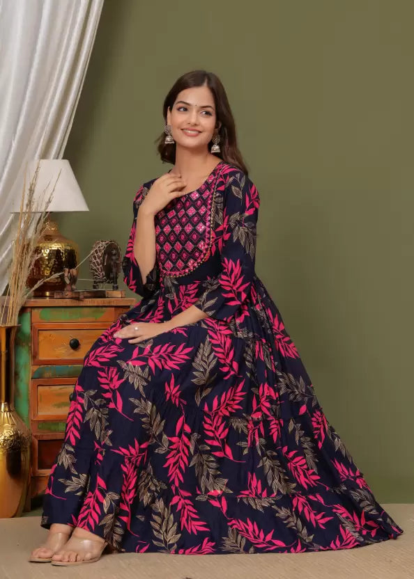 Embroidered Rayon Blend Anarkali Kurta (Blue)
