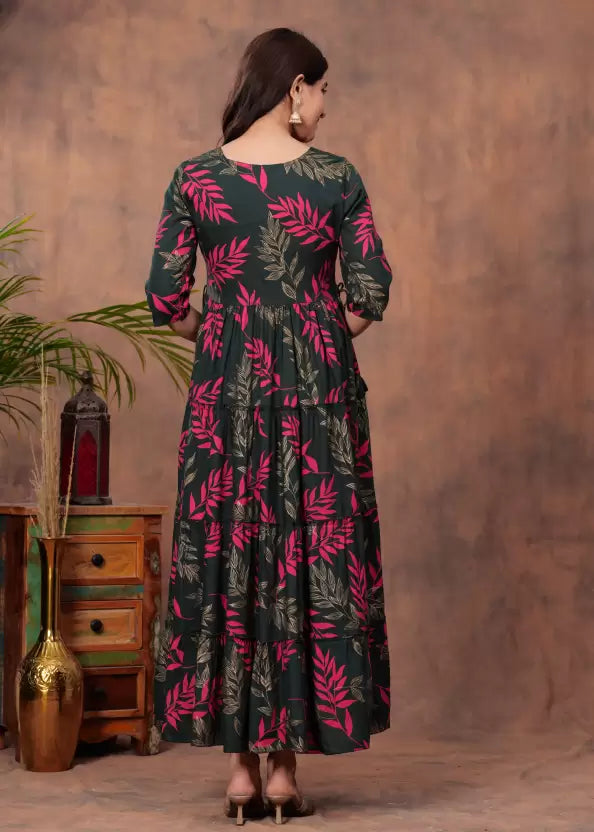 Pack of 2 Women Pink and Green Rayon Anarkali Dress