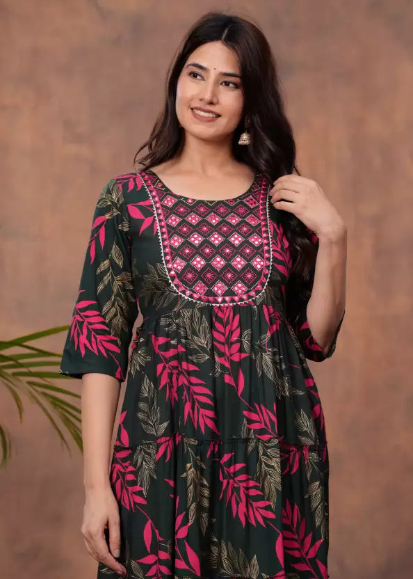 Pack of 2 Women Pink and Green Rayon Anarkali Dress