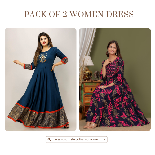 Pack of 2 Women Blue and Navy Blue Rayon Anarkali Dress