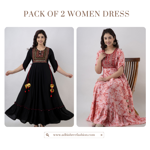 Pack of 2 Women Pink and Black Rayon Anarkali Dress
