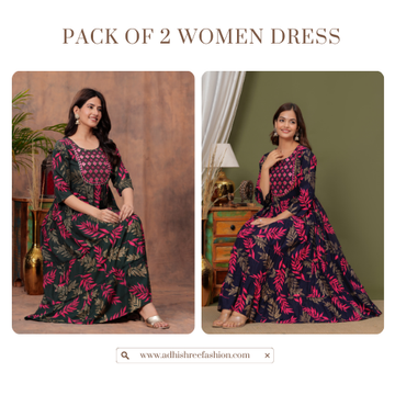 Pack of 2 Women Navy Blue and Green Rayon Anarkali Dress
