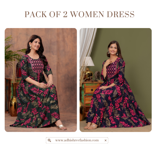 Pack of 2 Women Navy Blue and Green Rayon Anarkali Dress