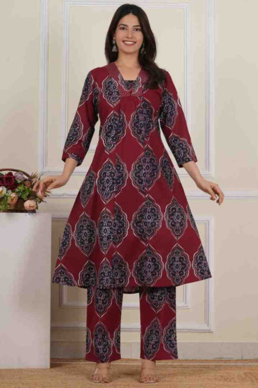 V Neck Printed Rayon Kurta with Palazzo Set