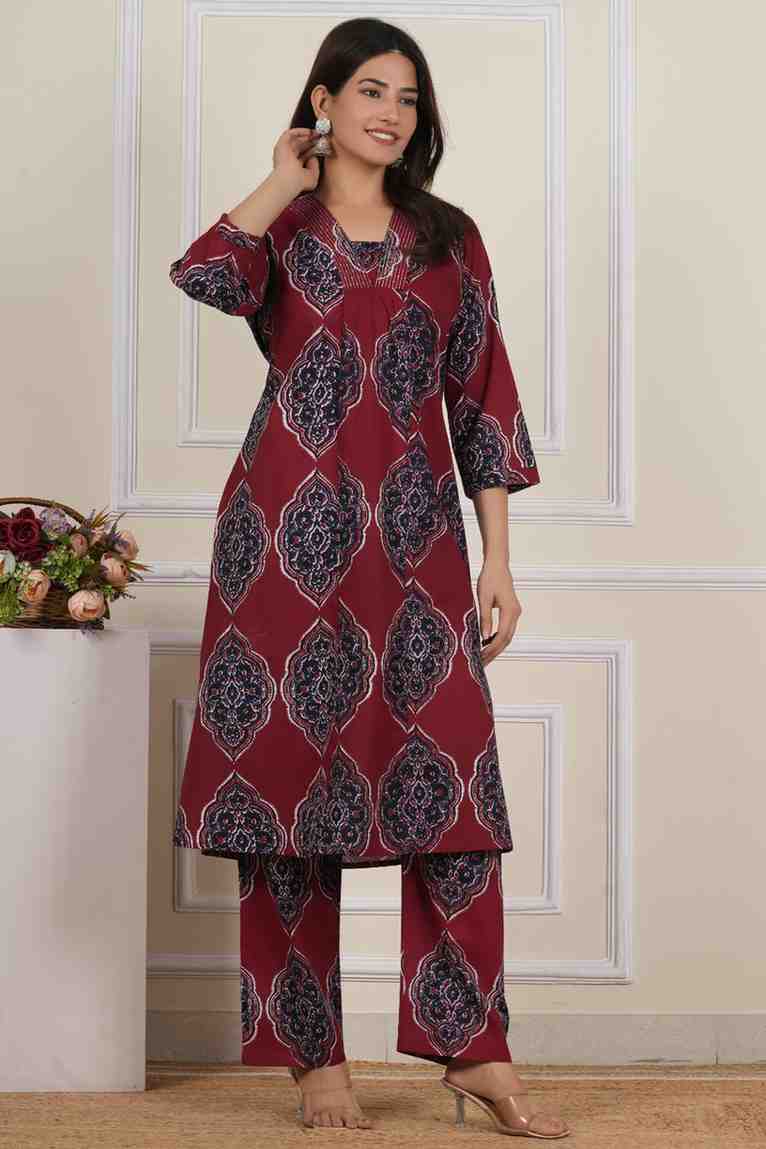 V Neck Printed Rayon Kurta with Palazzo Set