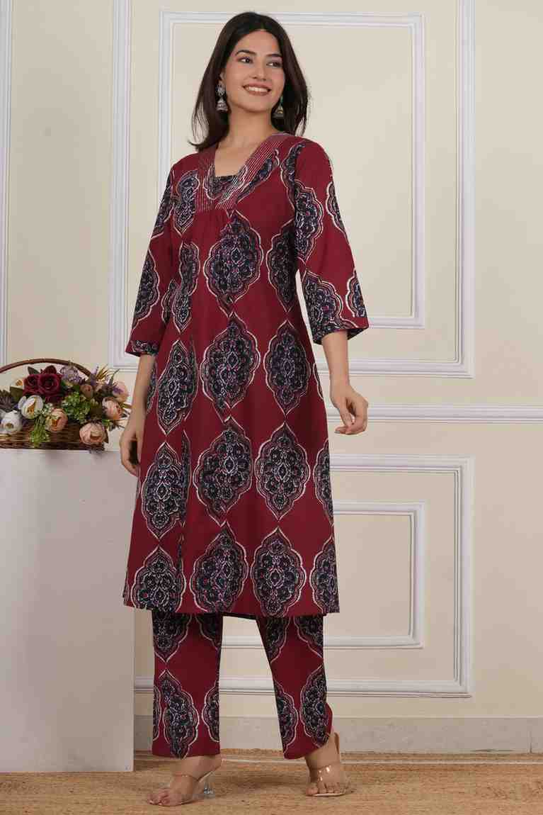 V Neck Printed Rayon Kurta with Palazzo Set