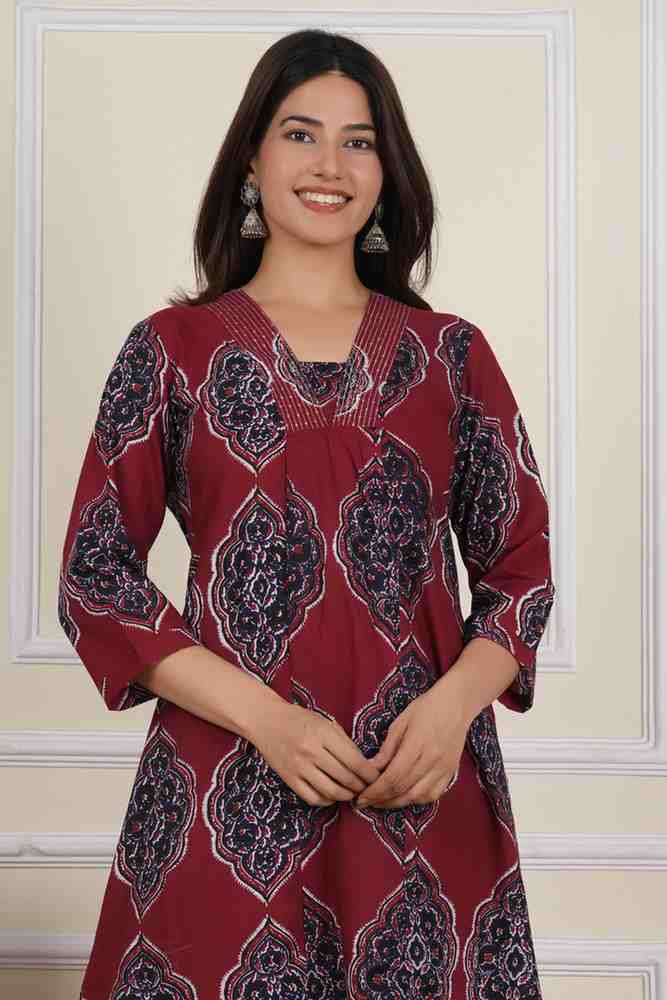 V Neck Printed Rayon Kurta with Palazzo Set