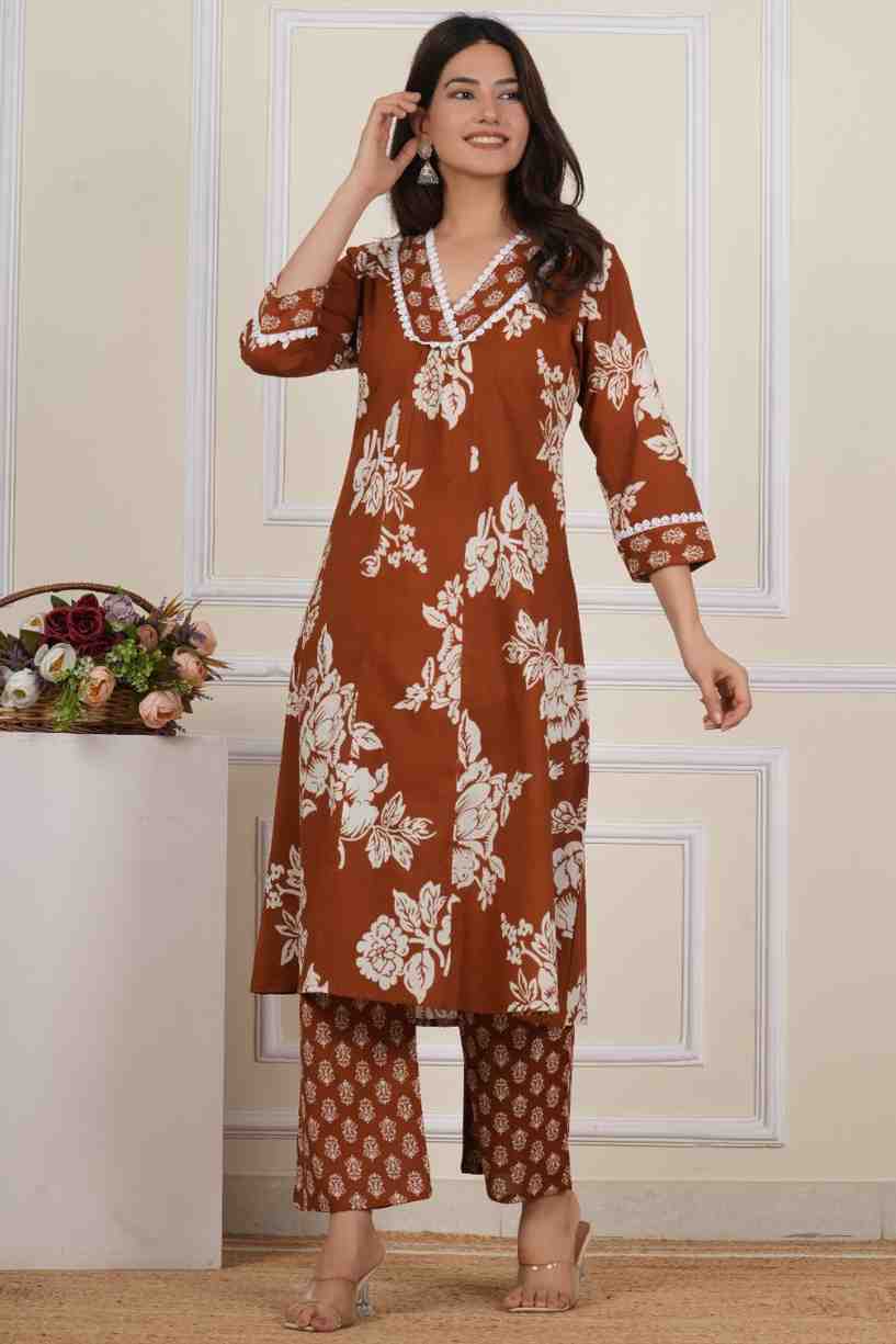 V Neck Printed Rayon Kurta with Palazzo Set