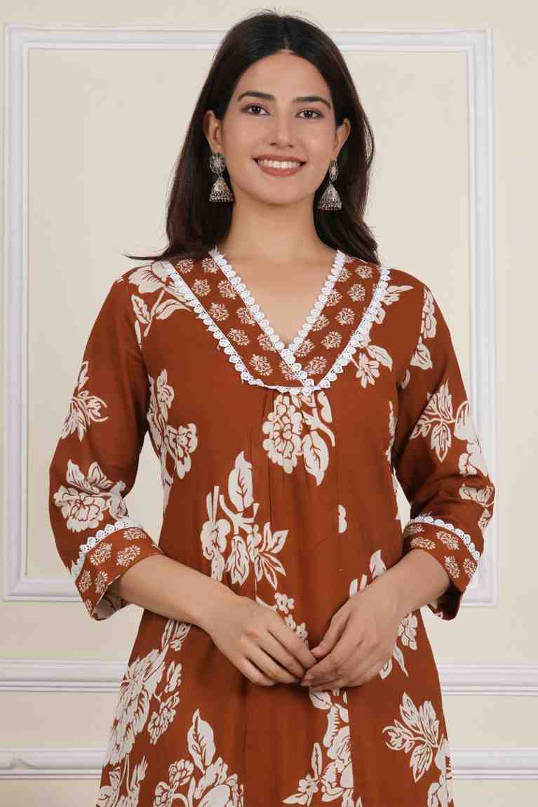 V Neck Printed Rayon Kurta with Palazzo Set