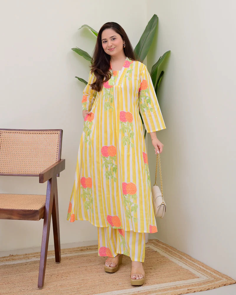 V Neck Printed Rayon Kurta with Palazzo Set