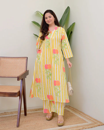 V Neck Printed Rayon Kurta with Palazzo Set