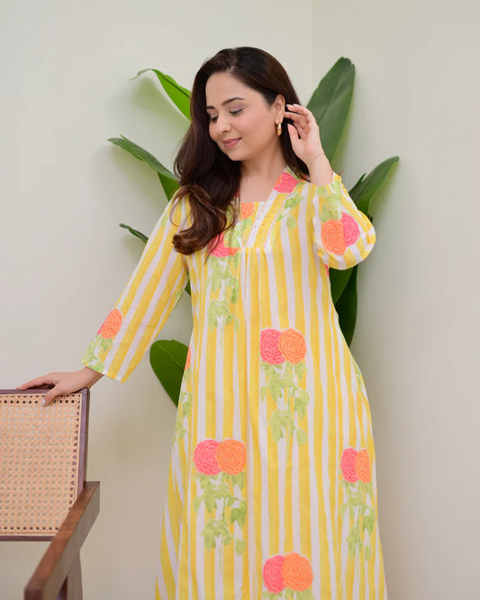 V Neck Printed Rayon Kurta with Palazzo Set