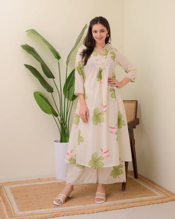 V Neck Printed Rayon Kurta with Palazzo Set