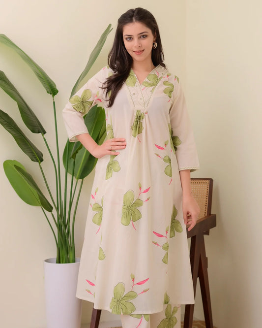 V Neck Printed Rayon Kurta with Palazzo Set